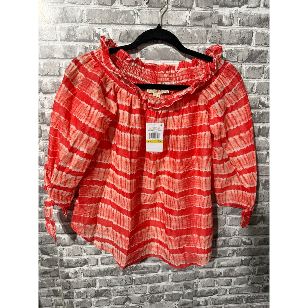 Michael Kors Sangria Red Tie Dye Off Shoulder Smocked Blouse P/M NWT